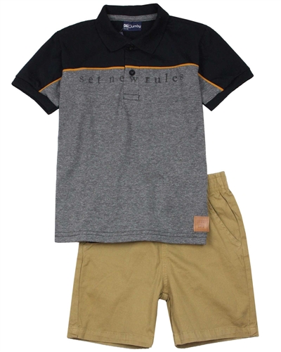 Quimby Boys Polo and Poplin Shorts Set in Black/Brown