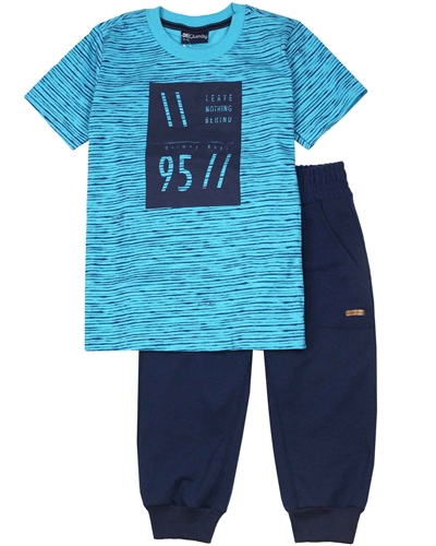 Quimby Boys Striped T-shirt and Pique Capri Pants Set in Aqua/Navy