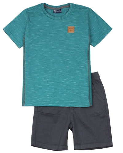 Quimby Boys Striped T-shirt and Poplin Shorts Set in Green/Charcoal