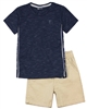 Quimby Boys Striped T-shirt and Poplin Shorts Set in Black/Beige