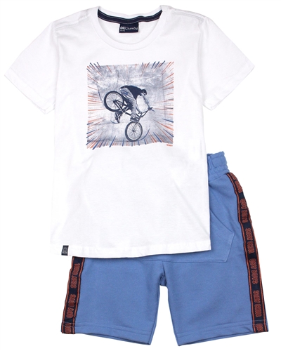Quimby Boys T-shirt with Bicycle Print and Terry Shorts Set in White/Blue