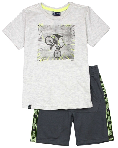 Quimby Boys T-shirt with Bicycle Print and Terry Shorts Set in Grey/Charcoal