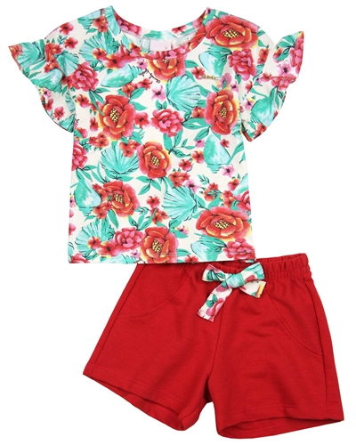 Quimby Girls Floral Print Top and Fuchsia Shorts Set