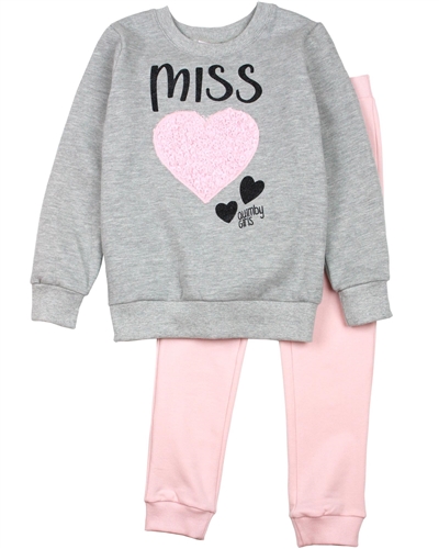 Quimby Girls Sweatshirt with Heart and Pants Set in Grey/Pink