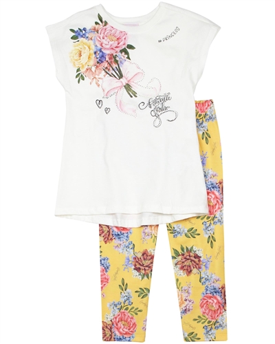 Quimby Girls Top and Floral Print Leggings Set in Ivory/Yellow