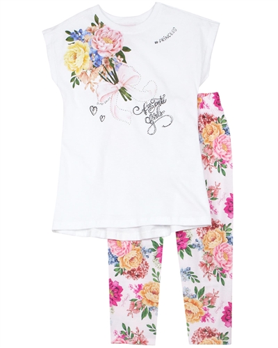 Quimby Girls Top and Floral Print Leggings Set in White/Pink