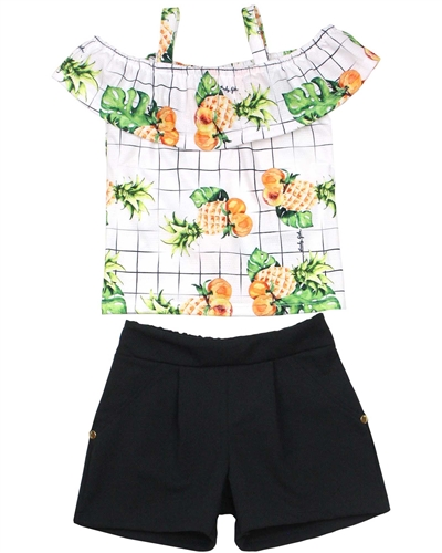 Quimby Girls Off-shoulder Top and Jacquard Shorts Set